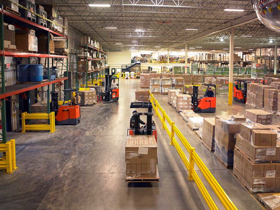 Forklift in warehouse